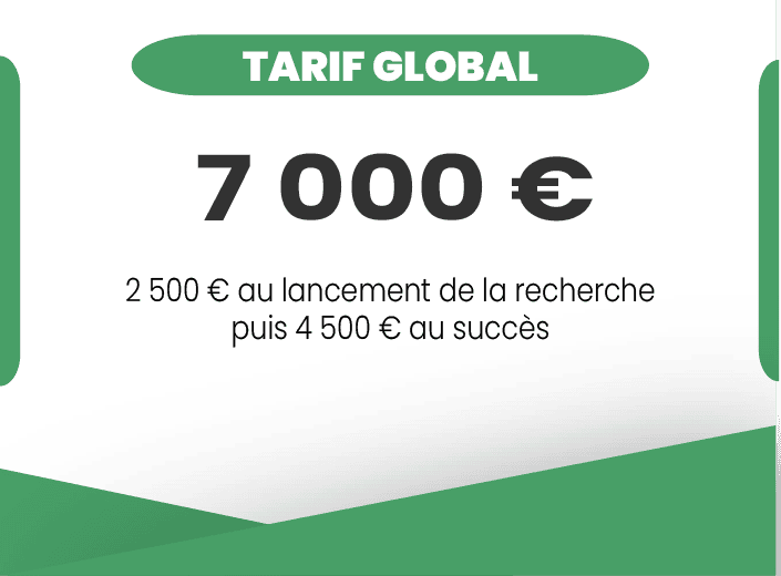 Tarif global recrutement : 7 000 €, avec 2 500 € au lancement de la recherche et 4 500 € au succès
